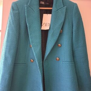 Zara Women's Turquoise Double-Breasted Blazer, New